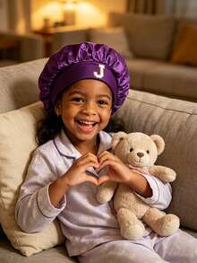 儿童A-Z字母图案弹性宽檐丝滑缎面睡帽 - 安全贴合，保护头发，超柔软透气设计，带防滑内圈 - 紫色 - 查看 3