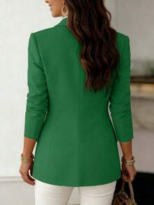 Chaqueta de blazer de primavera con cuello de solapa, botones y tela tejida ligera de longitud regular para mujer - Verde - Ver 3