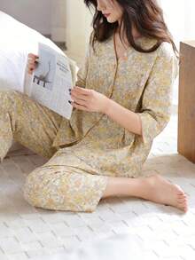 2 piezas Conjunto de pijama de cárdigan con estampado floral para mujer, top de manga corta y pantalón 3/4, ropa de casa suave para primavera/verano - Mostaza Amarilla - Ver 5