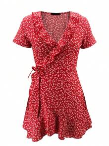 Vestido acampanado Floal de verano para mujer, Vestido corto ajustado con volantes florales y cuello en V para mujer, minivestido elegante con flores - Rojo - Ver 3