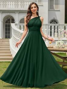Volly Toych Deep Green Elegant Chiffon Asymmetric Neck Maxi Dress With Ruched Knot Design, Suitable For Formal Occasions And Wedding Guests - Dark Green - View 5