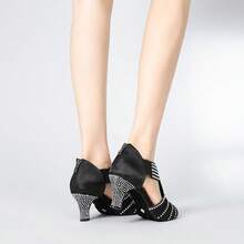 1 Pair Black Satin Rhinestone Decorated Comfortable 6CM High Heel Latin Dance Shoes, Suitable For Rumba, Cha Cha - Black - View 9