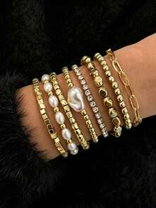8PCS Vintage Asymmetric Baroque Faux Pearl Elastic Bracelet Asymmetric Square CCB Claw Chain Bracelet Set For Women - Gold - View 1