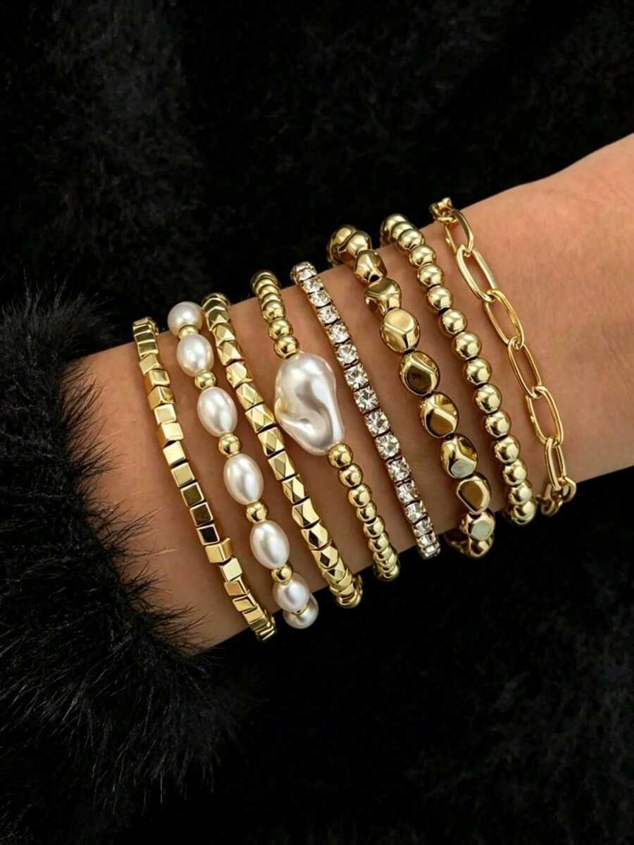 8PCS Vintage Asymmetric Baroque Faux Pearl Elastic Bracelet Asymmetric Square CCB Claw Chain Bracelet Set For Women - Gold - View 1