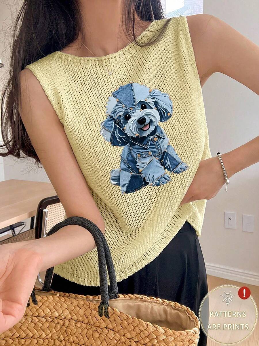 春夏新款圆领女式背心，可爱牛仔风贵宾犬印花，白色夏季T恤，简约时尚，适合通勤 - 黃色 - 查看 1