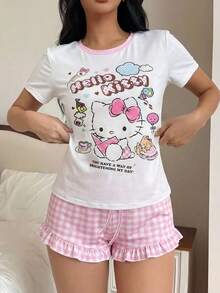 SANRIO 三丽鸥 Hello Kitty 卡通印花睡衣套装，夏季新款宽松短袖粉色格子荷叶边短裤睡衣，甜美少女风休闲家居服两件套 - 粉色 - 查看 3