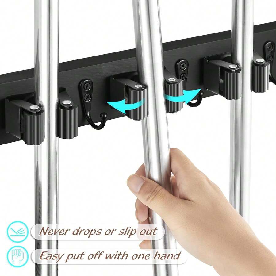 Mop Broom Holder Wall Mount With 3 Slots & 4 Hooks - Wood Broom & Mop Hanger For Kitchen Pantry Closet Laundry Room Organization, Rustic Farmhouse Garden Tool Organizer For Home Decor - 黑色-5 握把 - 查看 1