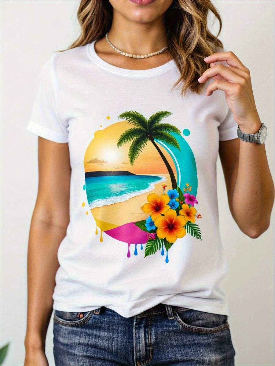 Camiseta hawaiana blanca de las mujeres - Top de playa tropical con impresión de flores de palmera brillante y hibisco, tela suave y transpirable, ajuste casual de línea A adecuado para vacaciones, ocio y ropa diaria - ropa hawaiana de las mujeres (primavera, verano, otoño)