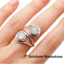 Rainbow Moonstone 925 Sterling Silver Gemstone Adjustable Ring - 彩虹月光石 - 查看 1
