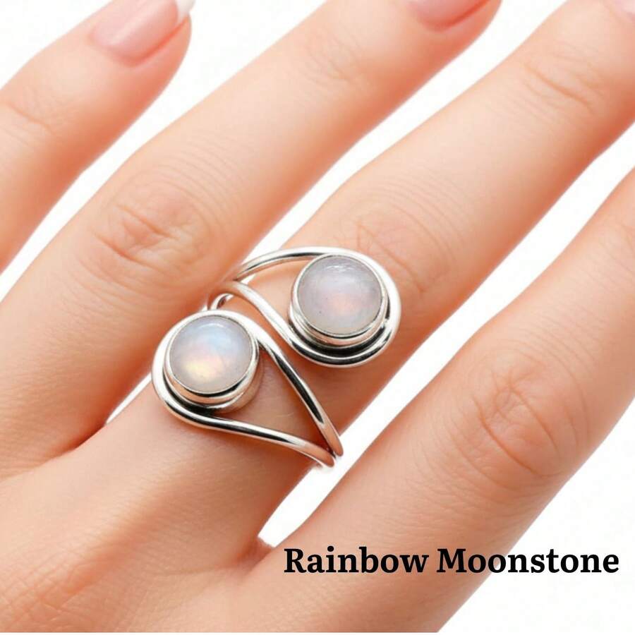 Rainbow Moonstone 925 Sterling Silver Gemstone Adjustable Ring - 彩虹月光石 - 查看 1