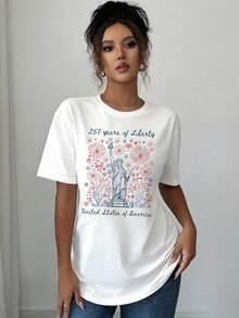 Camiseta con estampado gráfico 250 años del aniversario de la libertad de los EE.UU. | Camiseta de manga corta con cuello de tripulación para verano y primavera, ropa de mujer - Blanco - Ver 2