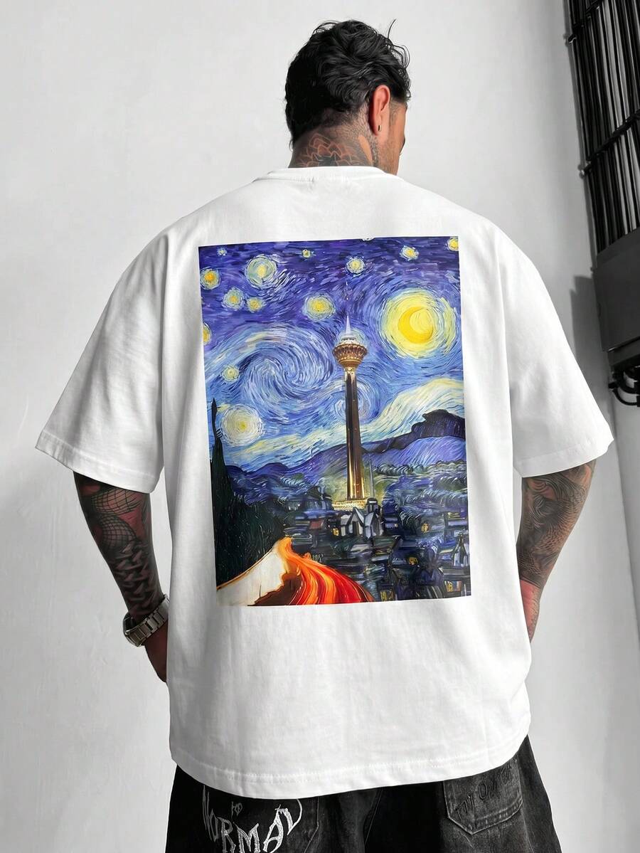 Fractyr 男士街头风长袖T恤，白色底，印有梵高《星夜》艺术图案，宽松休闲长袖T恤 - 白色 - 查看 1