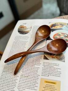 1pc Japanese Style Nanmu Wood Small Soup Spoon, Vintage Eating Spoon, Useful Curved Handle Small Spoon, Household Eating, Soup, Stirring Spoon, High Aesthetic Cake & Dessert Small Spoon - View 3