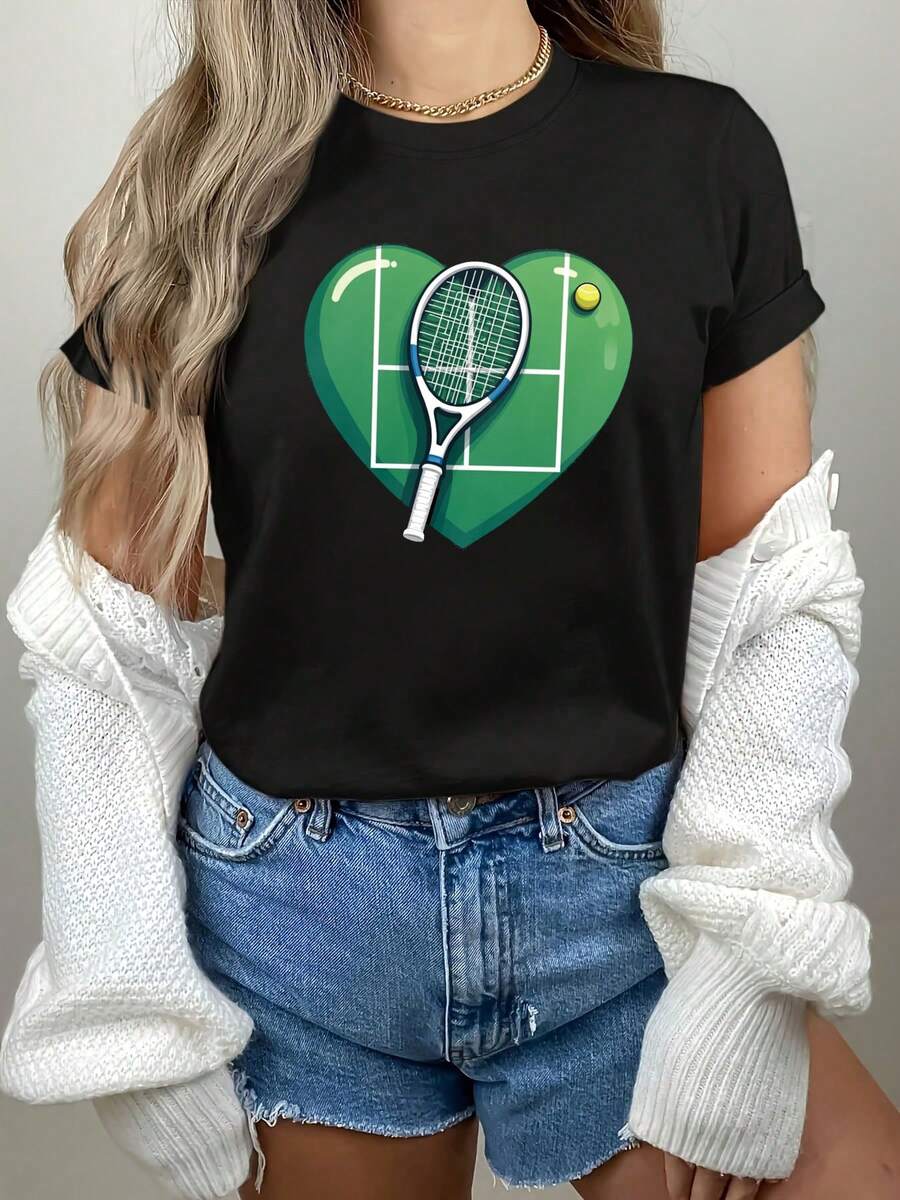 "Amor" Creativo diseño patrón impresión para la mujer cuello redondo primavera y verano camiseta con corte y raqueta vitalidad tema
