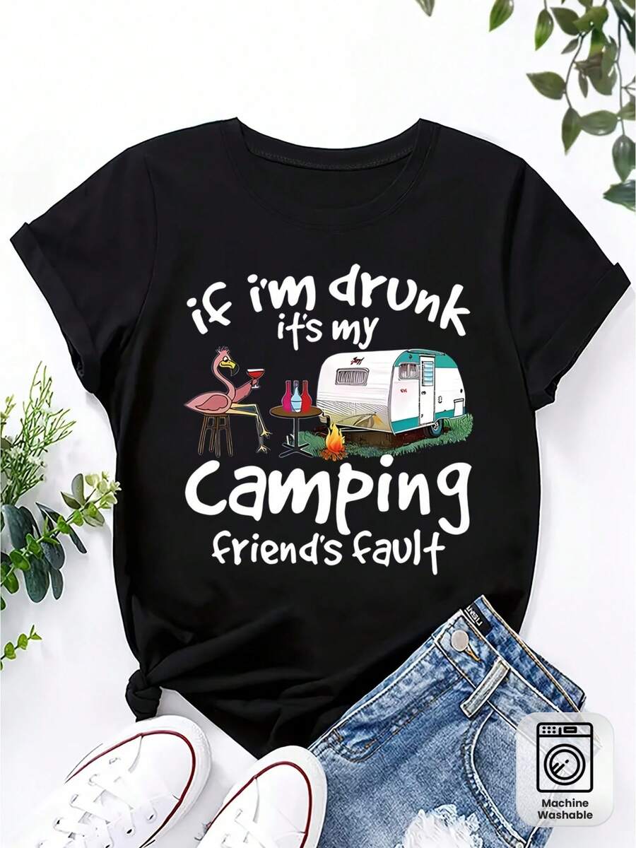 Women's T-Shirt With A Fun Camping-Themed Design - Slogan "If I'm Drunk, It's Because I'm Camping" And Camper Van Motif, Casual Short-Sleeved, Crew-Neck Top In Bright Purple, Comfortable And Machine-Washable Outdoor Adventure Gear For All Seasons, Camping Wear, Loose-Fitting, Easy-To-Print Shirt. - Black - View 1