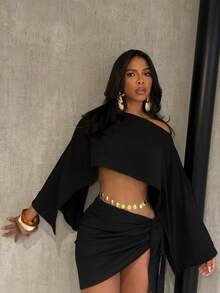 Boho 2 Piece Outfits Textured Off Shoulder Batwing Sleeve Top & Tie Side Skirt Set, Sexy Solid Seaside Vacation 2 Piece Outfits Trajes Elegantes De Mujer Summer Beach Resort Wear - 黑色 - 查看 1