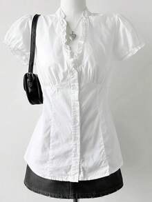 Deeptown-camisas básicas blancas con volantes para mujer, blusas cortas elegantes de manga corta con cuello de pico, moda coreana, ajustadas, japonesas, Jk, verano - Blanco - Ver 1