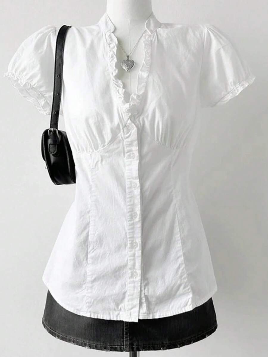 Deeptown-camisas básicas blancas con volantes para mujer, blusas cortas elegantes de manga corta con cuello de pico, moda coreana, ajustadas, japonesas, Jk, verano - Blanco - Ver 1