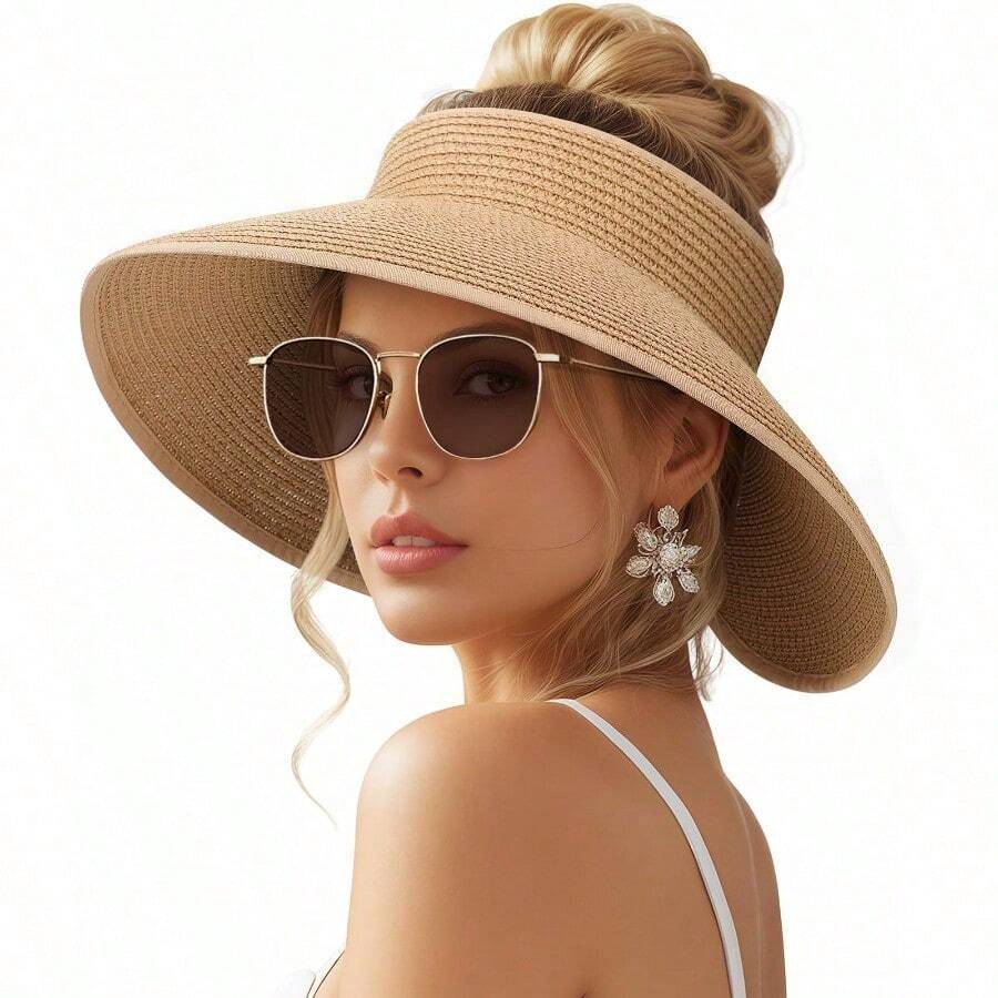 Beach Sun Straw Hats For Women, UPF 50+ UV Sun Protection Wide Brim Summer Straw Hat Foldable Packable Roll Up Cap - 12cm - Khaki - View 1