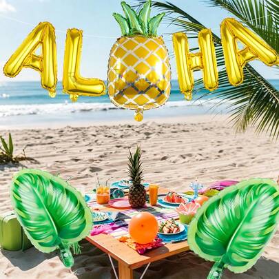 7pcs Hawaiian Aloha Balloon Set, Includes Pineapple Balloon, Palm Leaf Balloon, 16-Inch Gold Aloha Banner, Suitable For Summer Party, Pool Party, Plant Balloon, Bachelorette Party Decor, Hawaiian Party Decor, Tropical Party, Fruit Balloon, Atmosphere Decoration