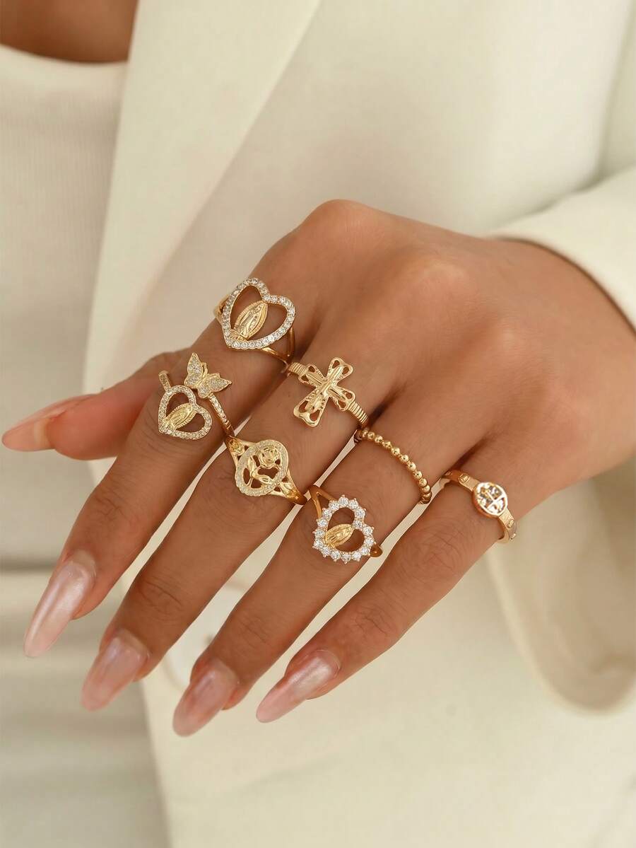7pcs Vintage Luxury Heart & Virgin Mary Design Ring Set, Hollow Cross Rings, Suitable For Parties, Vacations, Gifts, Daily Wear - Gold - View 1