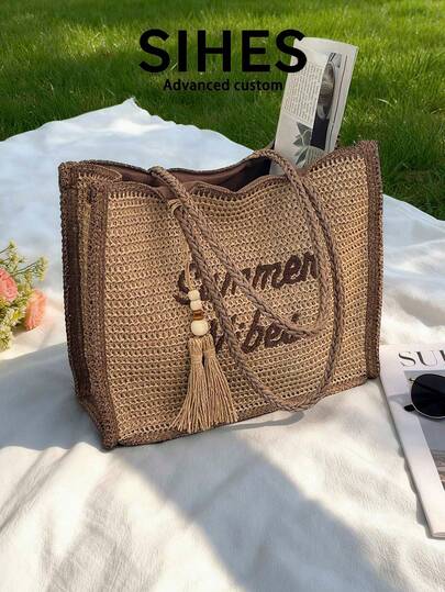 Livesso 1 Peça Bolsa de Palha Trançada de Cor Sólida para Mulheres, Bolsa de Ombro de Grande Capacidade na Moda, Bolsa de Praia Trançada com Fechamento de Zíper, Adequada para Meninas, Senhoras, Estudantes Universitárias, Jovens Profissionais, Funcionários de Escritório, Ótima para Férias, Viagens, Uso Externo, Escritório, Escola, Trabalho, Negócios, Deslocamento, Compras (Acompanha Pingente)