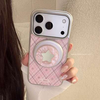 GUCADI Silver-Edged Magnetic Galaxy Pattern + Shell Star Mirror Silver Base Magnetic Stand, Suitable Compatible With Apple 17PM Phone Case, Magnetic Stand Suitable For IPhone 16, Pink Galaxy Pattern, Gold 14, Mirror 15, Fashion, Unique, Creative, Minimalist, Fresh, Niche, Luxury, Ins Style.
