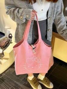SANRIO 1pc Large Pink Velvet Hello Kitty Handbag, Cute & Charming Shoulder Bag, Multifunctional Daily Tote, Fashion Handbag, Suitable As Gift For Birthday, Valentine's Day, Parties, Graduation Season - Multicolor - View 4