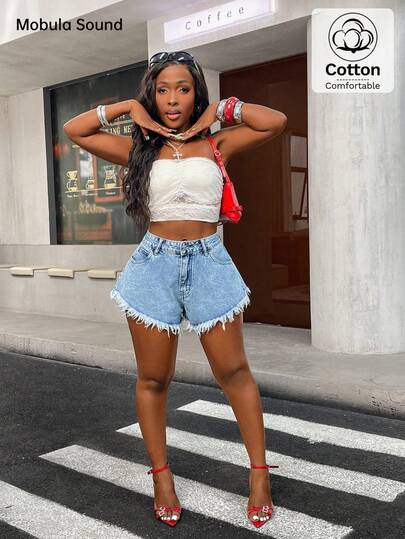 Shorts vaqueros con dobladillo deshilachado Mobula Sound, moda versátil para primavera/verano, adecuados para uso casual, sexy, vacaciones, citas, fiestas, viajes, aeropuerto