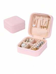 1 pieza Caja de joyería de viaje de piel sintética, organizador de joyería multifuncional, estuche de almacenamiento de joyería mini, soporte para cosméticos de maquillaje y esmalte de uñas, caja de joyería compacta - Cremallera cuadrada - Ver 17