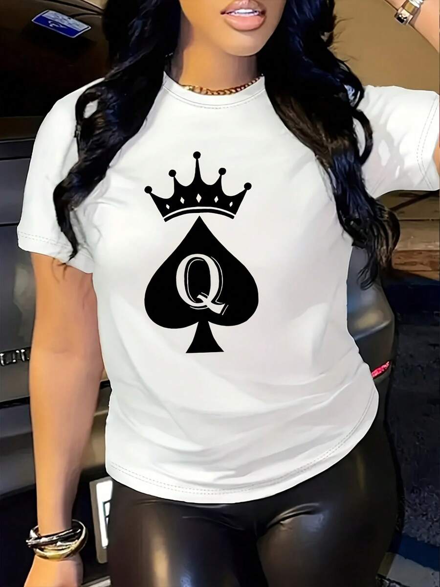 Queen Crown Pattern T-Shirt - Casual Fashion Breathable Machine Washable Round Neck Halloween Costume Women's Clothing Autumn Clothing Suitable For Easter, Halloween, Thanksgiving, Etc. - 白色 - 查看 1