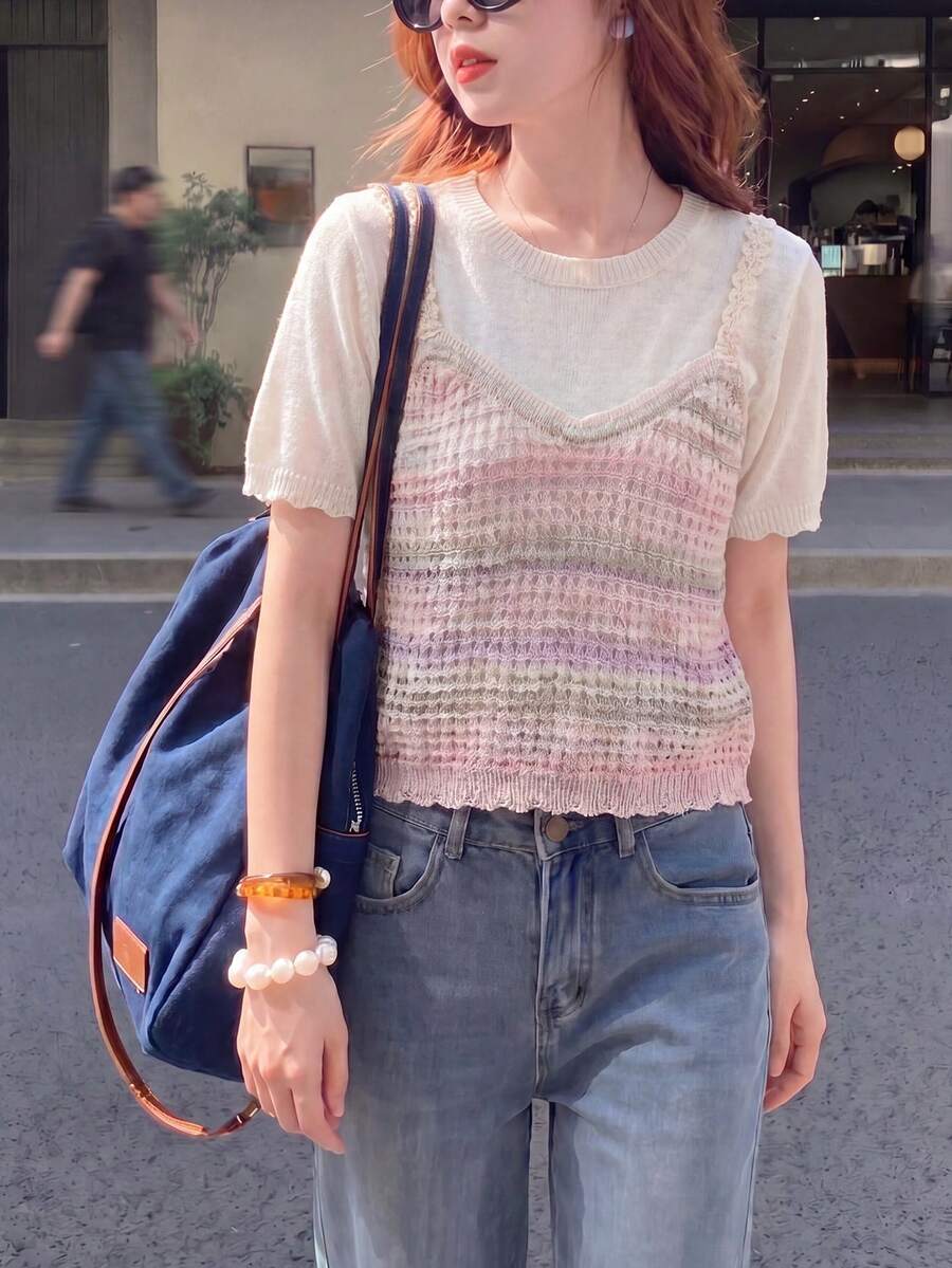 女士可爱休闲度假清爽圆领短袖上衣 - 淺粉色 - 查看 1