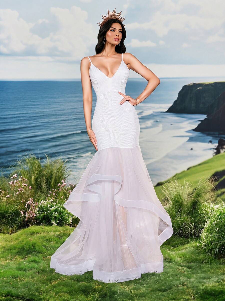 Đầm cưới gợi cảm màu trắng đính sequin, cổ chữ V, dây mảnh, hở lưng, vạt bất đối xứng, xếp lớp bèo nhún và phối lưới, thích hợp cho mùa xuân. - trắng - Xem 1