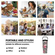 30Oz Stainless Steel Water Bottle With Straw For Sports, Travel, And School Sports Water Bottle, Keeps Water Warm For Over 24 Hours, Sealable, Portable, Flip Top, Ideal For Hot And Cold Beverages, Coffee, And Frozen Drinks - Họa tiết da báo 1 - Xem 8