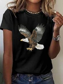 Detailed Feathers Bald Eagle In Flight Print T-Shirt, Short Sleeve Crew Neck Casual Top For Summer And Spring, Women's Clothing - Black - View 1