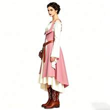 Vintage European Countryside Style Medieval Long Dress, Potion Belt Renaissance Palace Costume, Halloween Cosplay Outfit Pink - Pink - View 4