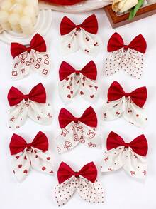 8pcs Random Red & White Printed Bow Hair Clips, Cute & Sweet Hair Accessories For Girls, Versatile For Ponytail, Half-Up Hairstyles, Daily Wear - Multicolor - View 5