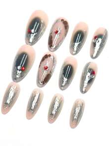 24pcs Minimalist Silver 3D Embossed Gradient Blush, Gold-Silver Gradient Contour Shadow Almond-Shaped Medium Fake Nails, Suitable For Spring, Autumn, Work, Daily, Party, Wedding, Comes With Jelly Gel And File, Reusable Detachable Fake Nails, Nail Art Supplies - Silver - View 3