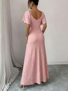 Vestido morado claro con cuello en V, mangas con volantes, cintura plisada y abertura, vestido elegante de dama de honor, vestido de fiesta, primavera/verano - Rosa - Ver 2