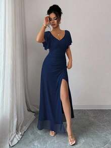 Vestido morado claro con cuello en V, mangas con volantes, cintura plisada y abertura, vestido elegante de dama de honor, vestido de fiesta, primavera/verano - Azul marino - Ver 4