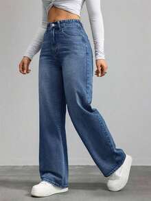 Pantalones vaqueros anchos sueltos y versátiles de mujer con diseño de bolsillos - Azul lavado oscuro 3 - Ver 5