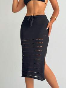 Women's Fashion Hollow Lace-Up Sexy Slit Knit Skirt - Black - View 2
