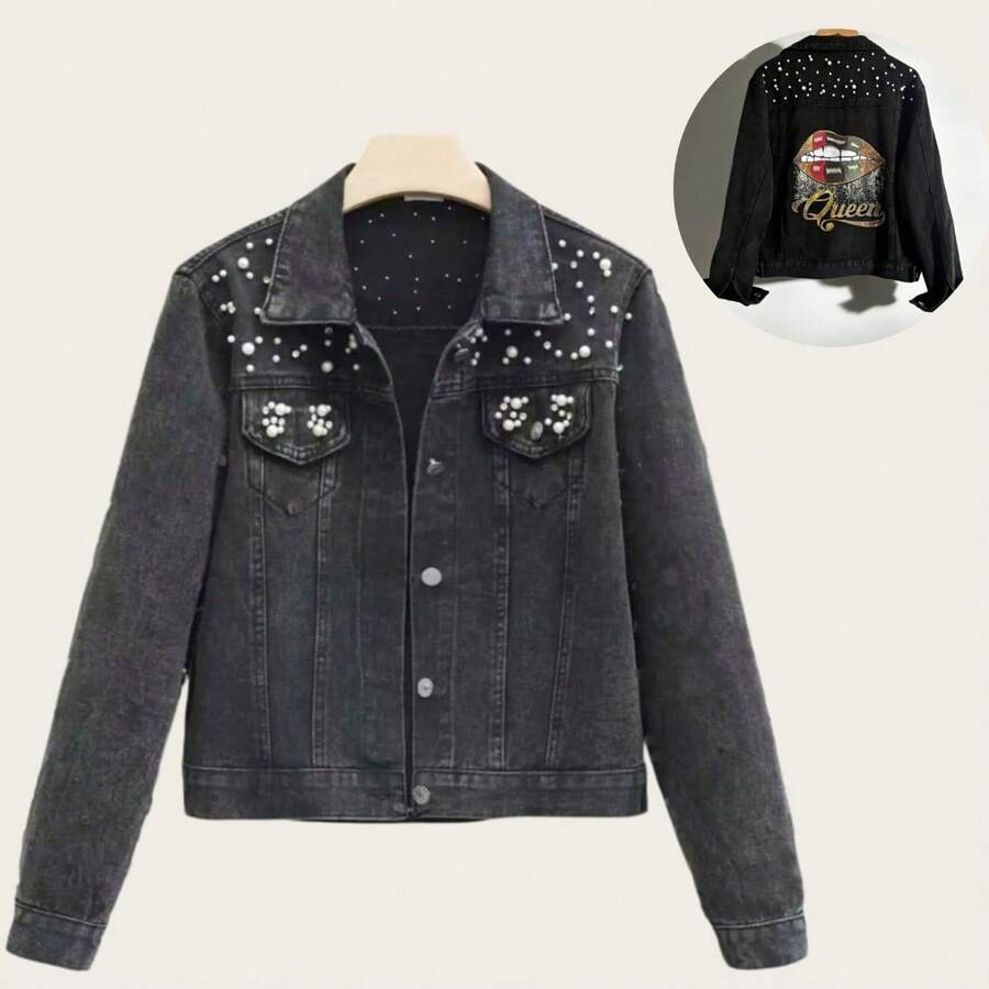 Chaqueta vaquera suelta y sólida para mujer con bolsillos, desgastada, con remaches y adornos de perlas, de estilo casual - Gris Oscuro - Ver 1