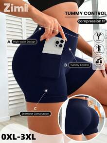 Zimi Collection Shorts de Ioga Sem Costura de Cintura Alta, Modelagem Plus Size para Cintura e Abdômen, Shorts de Ciclismo de Fitness com Bolsos, Calcinha Esportiva Levantadora de Bumbum - Azul Marinho - Visão 1