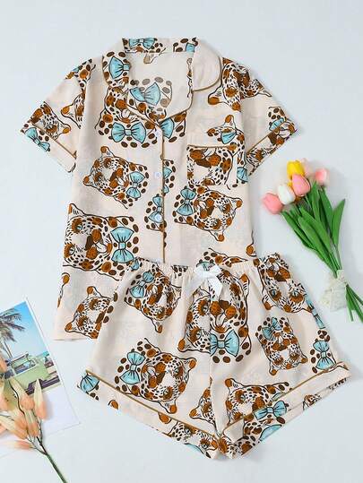 Bow Tie & Leopard Print Short Sleeve Shorts Pajama Set For Women