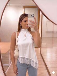 Women's Asymmetrical Cropped High Neck Halter Blouse With Lace Tie At The Neck - Boho Chic, Casual, Elegant,  Autumn/Winter Fashion - 米白色 - 查看 1