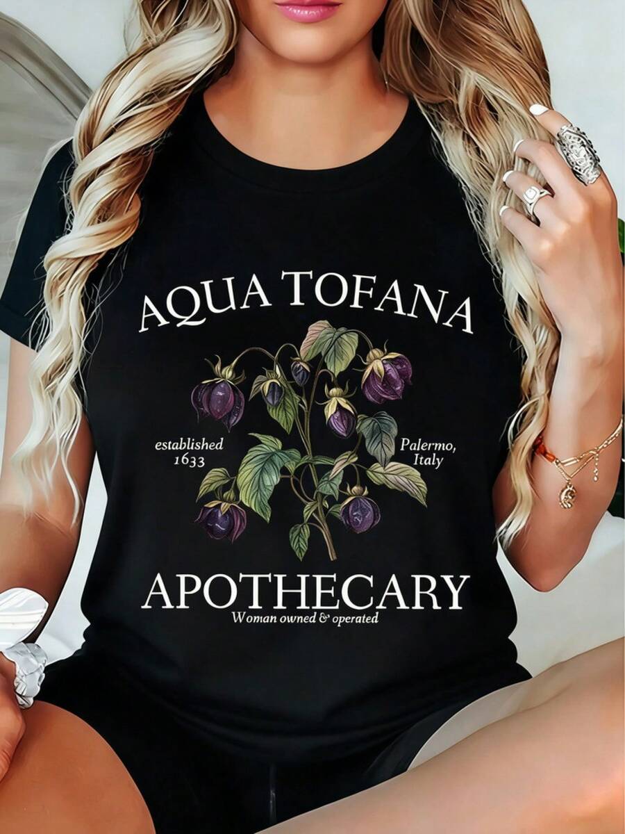 20261 Pieces Of Loose-Fitting Summer Clothing For Women, Aqua Tofana Pharmaceutical Floral Print T-Shirt, Suitable For Lovers Of Vintage Style, Elegant Vintage Clothing For Women, Style: Round Neck, Short Sleeve, Loose Fit, A Gift For Yourself/My Family/My Partner/Friends, Fun And Fashionable Casual T-Shirt. Printed Pattern - 黑色 - 查看 1