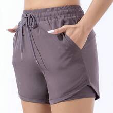 Pantalones cortos deportivos sueltos de cintura alta para mujer, pantalones deportivos antideslumbrantes de doble capa para yoga, correr, ropa de abrigo de entrenamiento de secado rápido - Morado oscuro - Ver 4