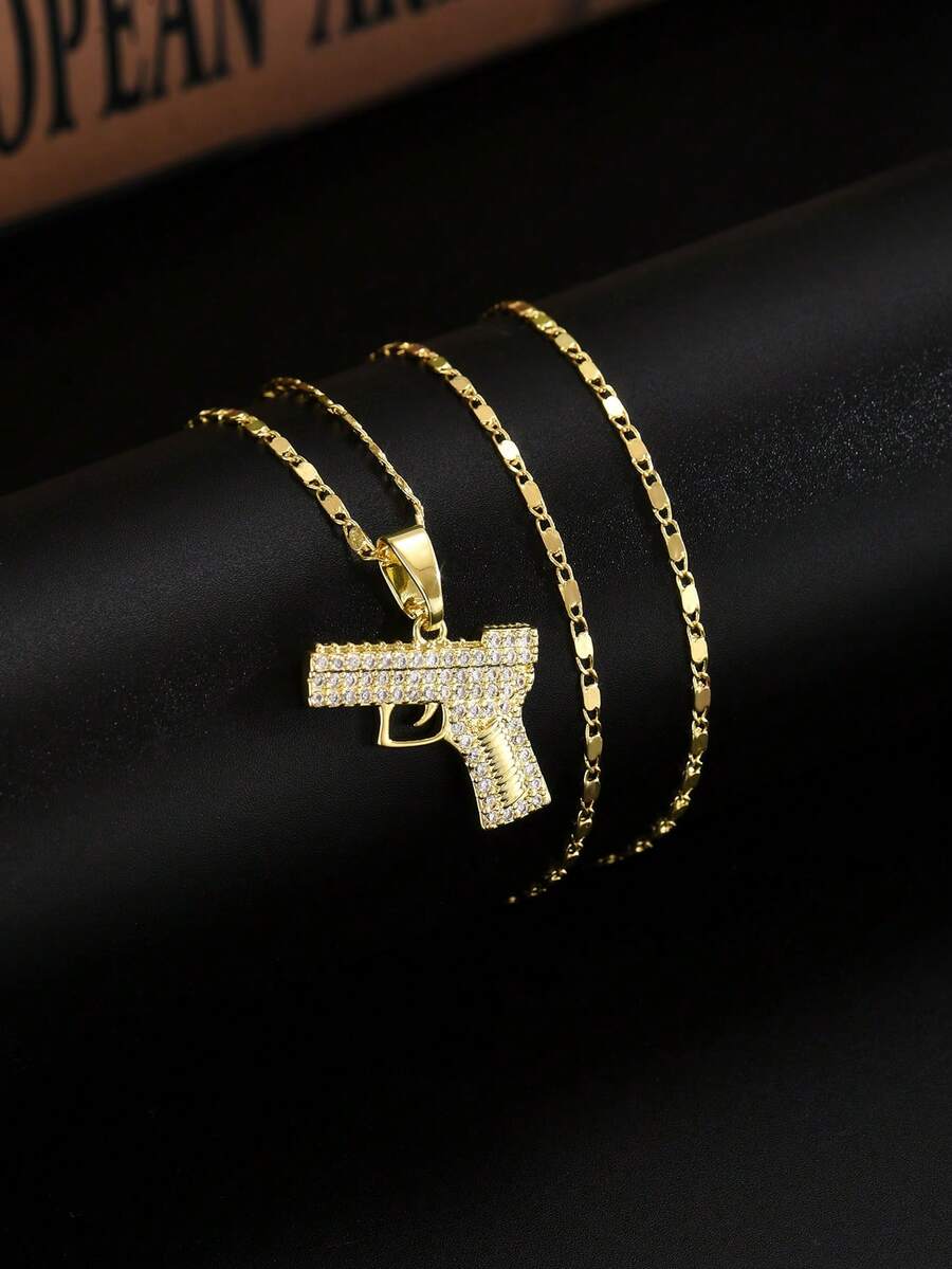 1 pieza collar con dije en forma de pistola con estilo de hip hop para hombres, chapado en oro y con incrustaciones de circonia cúbica, adecuado para uso diario - Amarillo Oro - Ver 1