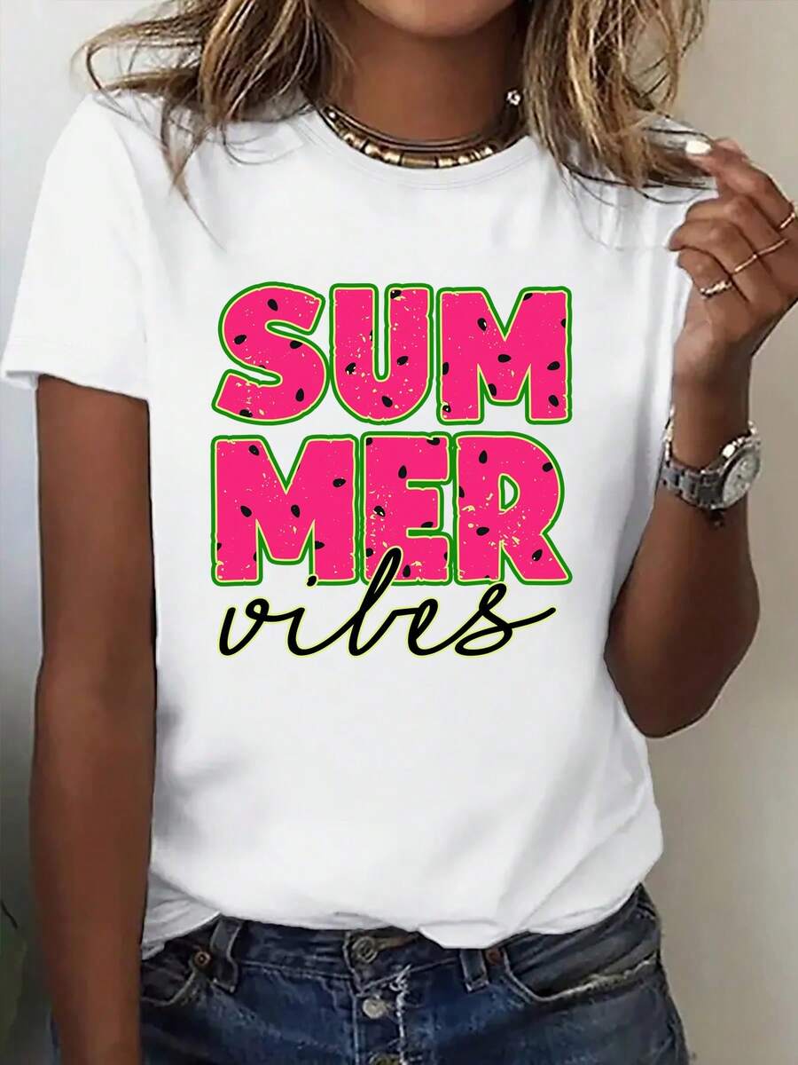 Camiseta de manga corta estampada para mujer, camiseta casual de manga corta, elemento de impresión de letras retro de sandía de verano, camiseta de cuello redondo moderna y a la moda. Camiseta básica cómoda de otoño, camiseta de manga corta estampada para actividades al aire libre.
